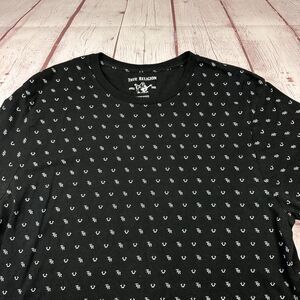 True Religion Shirt Mens XL Black All Over TR Horseshoe Logo Graphic Print Tee